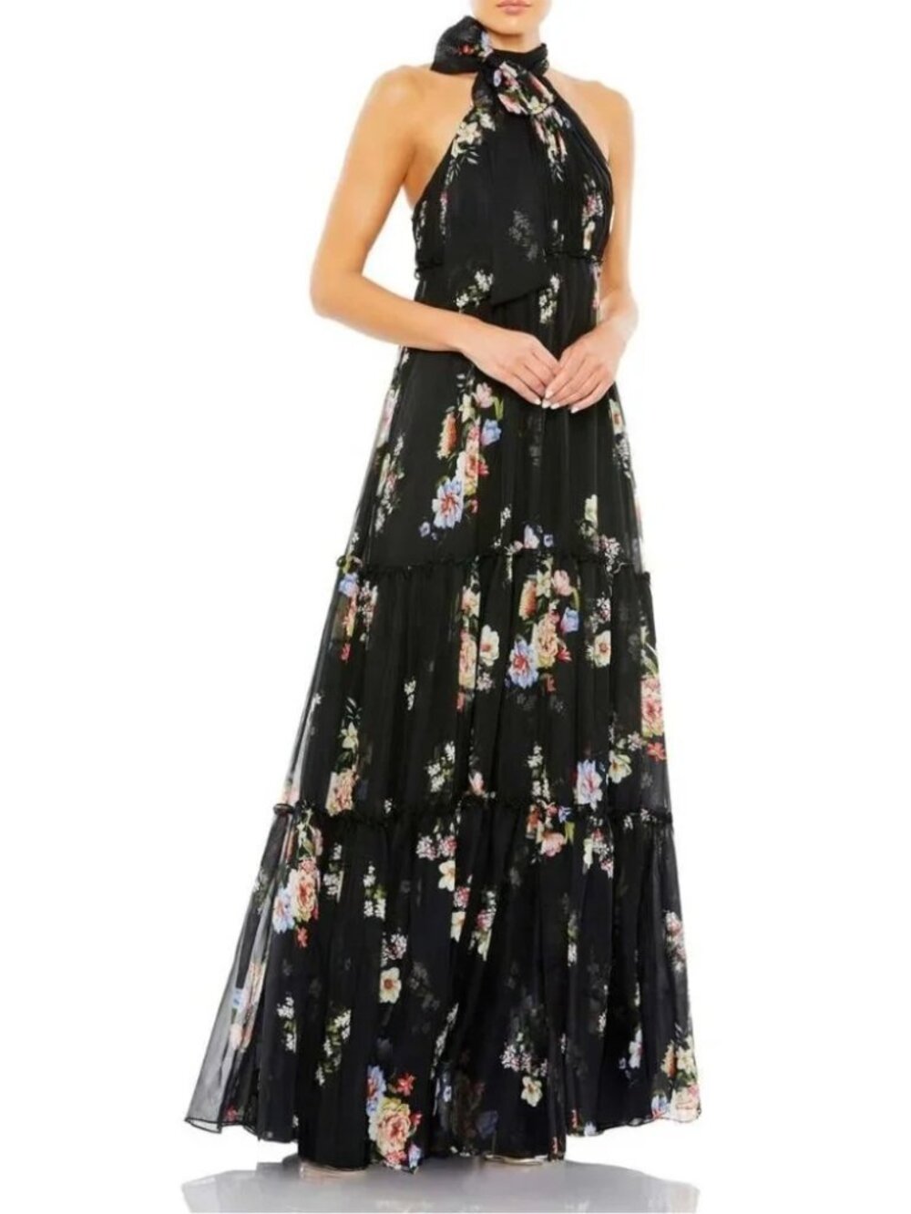 NWT Ieena for Mac Duggal Floral Print Ruched Tiered High Neck Bow Gown Size 10